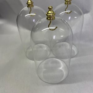 May include: Three clear glass cloches with gold-colored finials and curved handles. The cloches are dome-shaped with a cylindrical base, suitable for displaying small items. The background is a plain white surface.