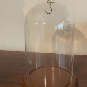 May include: A clear glass cloche with a brass finial and a hook, resting on a round wooden base. The base has a dark brown interior and a lighter brown, rounded edge. The cloche is designed to display items.