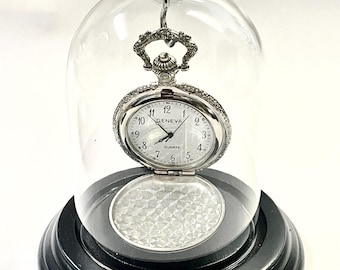 Pocket Watch dome 3 x 4&quot; glass dome with silver knob and black base.  Brand new.  Watch not included.