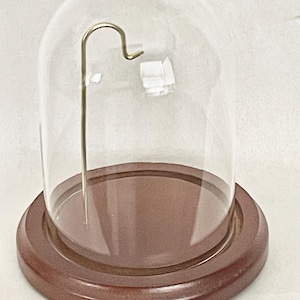 May include: A clear glass cloche with a wooden base. The base is a dark brown color and has a circular shape. A gold-colored metal hook is suspended inside the glass dome. This decorative piece is suitable for displaying small items.