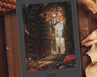 Magical library Romantasy Kindle Fullscreen Lock Screen: Dark Library B/W & Color Wallpaper (Digital Download)