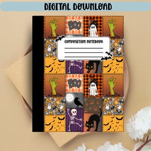 May include: A composition notebook with a Halloween-themed patchwork design. The cover features various spooky illustrations, including ghosts, cats, and zombie hands. The notebook has the text "COMPOSITION NOTEBOOK" on the front.