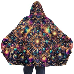 Psychedelic Steampunk Celestial Sun Moon Rave Festival Cloak | Fleece Festival Coat| Cloak With Hood| Rave Cloak |Rave Wear| Cloak Pattern