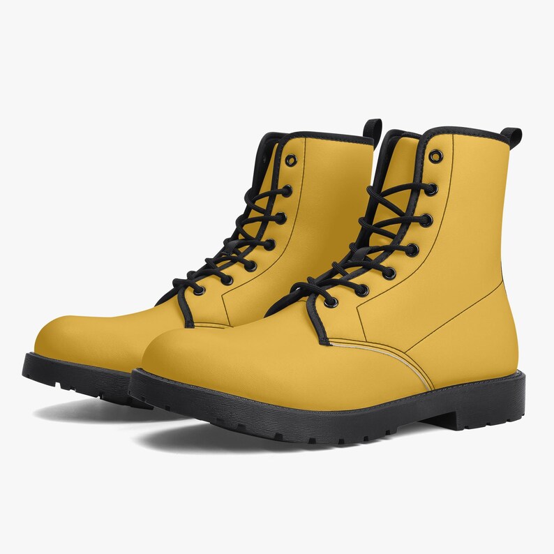Daisy Yellow Vegan Leather Combat Boots: Unisex Goth Motorcycle Style image 8