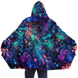 Capa de polar con manchas de tinta psicodélicas: abrigo con capucha para festivales rave