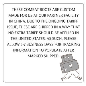 a person carrying a box with a heart symbol on it, and there is text next to the image that reads "These combat boots are custom made for us at our partner facility in China. Due to the ongoing tariff issue, these are shipped in a way that no extra tariff should be applied in the United States. As such, please allow 5-7 business days for tracking information to populate after marked shipped."