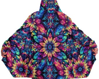 Psychedelic Floral Fleece Cloak: Rave Festival Hooded Coat