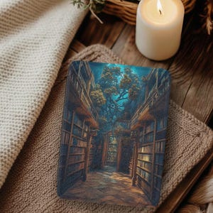 May include: A rectangular decorative item featuring a detailed illustration of a library with bookshelves and a tree visible through a window. The artwork has a fantasy theme with a blue and brown color palette. A lit candle and a knitted blanket are in the background.