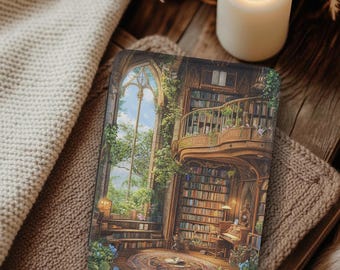 May include: A rectangular e-reader cover featuring a detailed illustration of a multi-story library with tall arched windows, overflowing bookshelves, a wooden balcony, a piano, and a circular rug on the floor, all surrounded by lush greenery.