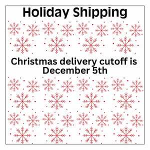 a pattern of red snowflakes against a white background, with the text "Holiday Shipping" and "Christmas delivery cutoff is December 5th" overlaid on the image.