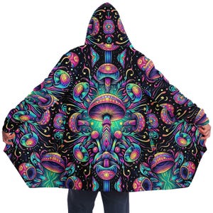 Capa de polar con hongos psicodélicos: abrigo con capucha para festivales rave