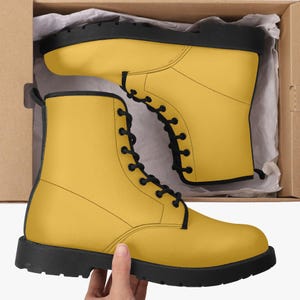 Daisy Yellow Vegan Leather Combat Boots: Unisex Goth Motorcycle Style image 1