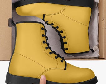 Daisy Yellow Vegan Leather Combat Boots: Unisex Goth Motorcycle Style