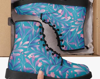 Fern Floral Vegan Leather Combat Boots: Unisex Goth Motorcycle Style