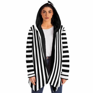 Black White Striped Fleece Hooded Rave Cloak - Winter Festival Coat
