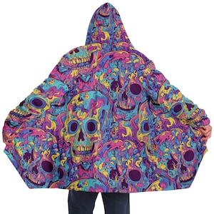 Neon Trippy Melting Skulls Rave Festival Cloak | Winter Fleece Festival Coat| Cloak With Hood| Rave Cloak |Rave Wear| Cloak Pattern| Coat