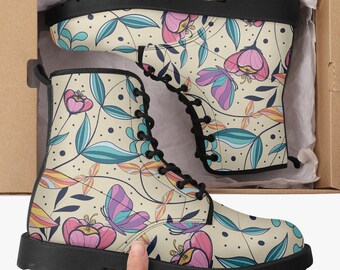 Floral Leather Combat Boots: Unisex Vegan Motorcycle Boots