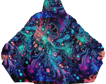 Psychedelic Ink Blotches Fleece Cloak: Rave Festival Hooded Coat