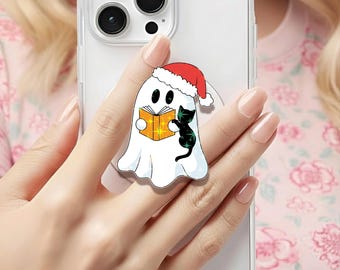 Ghost Santa Reader Black Cat Holographic MagSafe grip |Kindle Decoration |Phone Holder |Kobo Grips | Book Lover Gifts |Gift for her