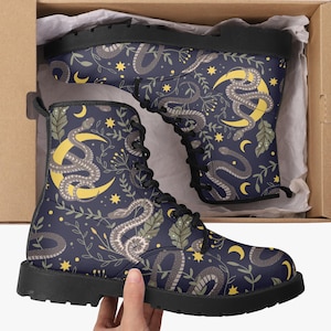 Celestial Snakes Leather Combat Boots| Goth Boots| Motorcycle Boots| Eco Friendly Boots| Martin Boots| Renaissance Boots| Unisex Vegan Boots