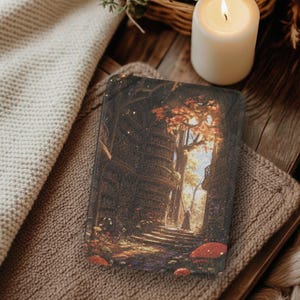 May include: A rectangular case featuring a fantasy forest scene with a path leading to a bright opening. The artwork includes a person, stairs, trees, and red mushrooms. The case is on a brown surface with a lit candle.