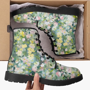 Floral Meadow Unisex Leather Combat Boots| Goth Boots| Motorcycle Boots| Eco Friendly Boots| Martin Boots| Renaissance Boots| Unisex Vegan|