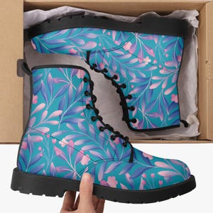 Fern Floral Leather Combat Boots| Goth Boots| Motorcycle Boots| Eco Friendly Boots| Martin Boots| Renaissance Boots| Unisex Vegan Boots|