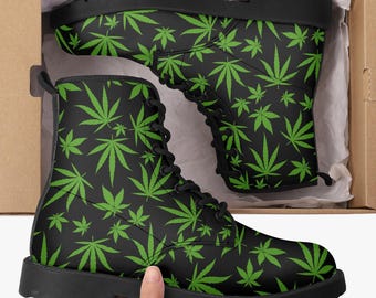 Weed Leaves 420 Kampfstiefel| Gothic Stiefel | Motorradstiefel | Umweltfreundliche Stiefel | Martin Stiefel | Renaissance Stiefel | Unisex Vegan Stiefel |