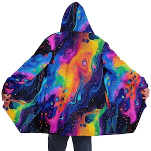 Psychedelic Liquid Splash Fleece Cloak: Rave Festival Coat with Hood