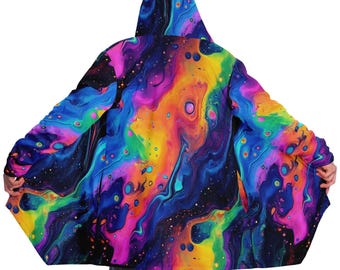 Psychedelic Liquid Splash Fleece Cloak: Rave Festival Coat with Hood