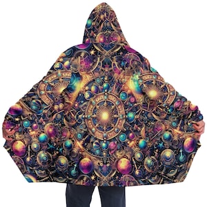 Psychedelic Steampunk Celestial Fleece Cloak: Rave Festival Hooded Coat