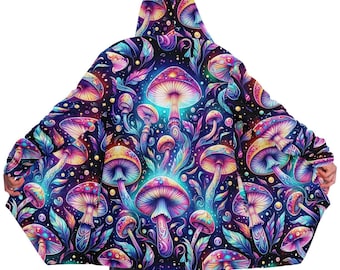 Psychedelic Mushroom Rave Cloak: Fleece Festival Coat with Hood