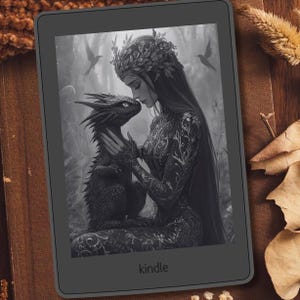 Lady Warrior & Dragon Kindle Lock Screen: Romantasy B/W and Color Wallpaper (Digital Download)