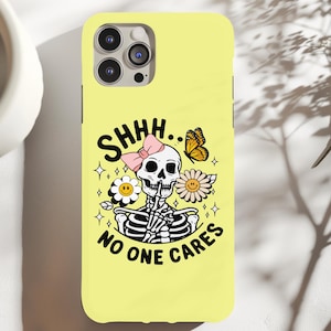 Funda de teléfono divertida con esqueleto a nadie le importa, resistente y delgada, con MagSafe, para iPhone 16, 15, 14, 13, 12, 7, 8 SE, Galaxy 25, Google Pixel 9, 8 Pro