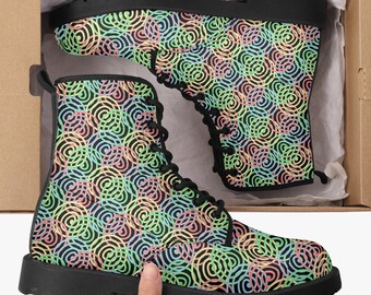 Rainbow Circles Vegan Combat Boots: Unisex Festival Boots