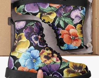 Floral Combat Boots: Unisex Vegan Leather Martin Boots