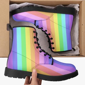 Pastel Stripes Leather Combat Boots| Goth Boots| Motorcycle Boots| Eco Friendly Boots| Martin Boots| Renaissance Boots| Unisex Vegan Boots|