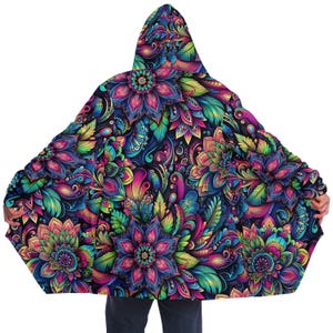 Psychedelic Floral Etched Fleece Cloak: Rave Festival Hooded Coat