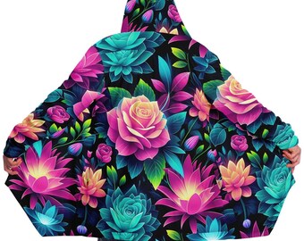 Psychedelic Floral Fleece Hooded Cloak: Rave Festival Coat