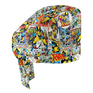 May include: A scrub cap featuring a vibrant, multi-colored comic book print of Wolverine and X-Men characters. The fabric displays various panels with the text Wolverine and X-Men in bold yellow and red lettering, including a circular emblem.