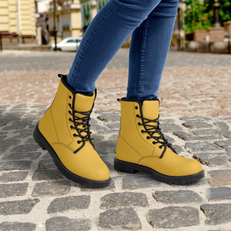 Daisy Yellow Vegan Leather Combat Boots: Unisex Goth Motorcycle Style image 2