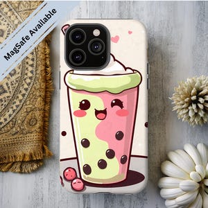 Kawaii Boba Tea Pattern Cute Print Tough Slim MagSafe Phone Case for iPhone 16 15 14 13 12 7 8 SE Galaxy 25 Google Pixel 9 8 Pro