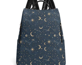 Celestial Sun Moon Faux Leather Backpack Purse: Anti-Theft Travel Backpack