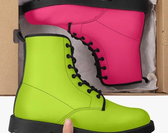 Neon Pink & Yellow Vegan Leather Combat Boots