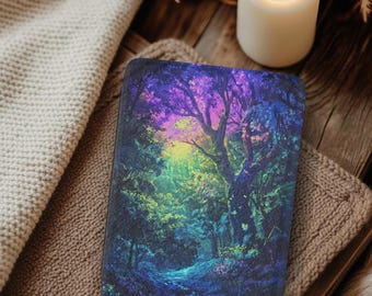 May include: A rectangular e-reader cover featuring a vibrant, colorful forest scene with deep blues, purples, and bright greens. The artwork depicts a dense woodland path illuminated by a glowing light source, creating a high-contrast, painterly effect.
