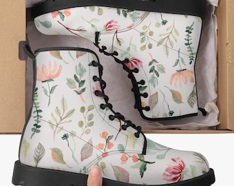Floral Leather Combat Boots: Unisex Vegan Motorcycle Boots