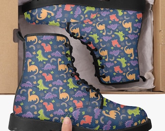 Dinosaur Print Combat Boots: Unisex Vegan Leather Motorcycle Boots