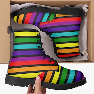 Rainbow Stripes Leather Combat Boots| Goth Boots| Motorcycle Boots| Eco Friendly Boots| Martin Boots| Renaissance Boots| Unisex Vegan Boots