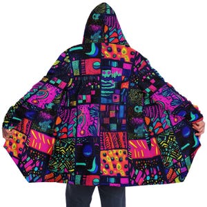 Psychedelic Patchwork Fleece Cloak: Trippy Rave Festival Coat