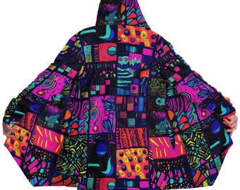 Psychedelic Patchwork Fleece Cloak: Trippy Rave Festival Coat
